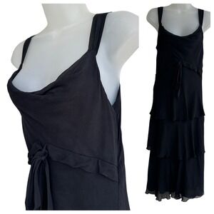 Vtg Y2K Silk Tiered Slip Midi Dress Cowl Neck Ruffle Women 8 Coquette Whimsigoth
